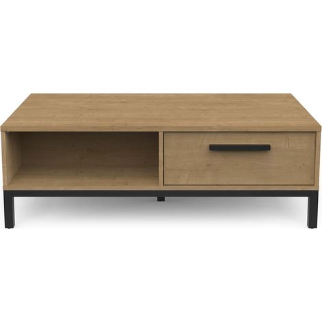Table basse rectangulaire avec rangement 2 niches 2 tiroirs couleur chêne / noir mat - Largeur 110,4 x Profondeur 60 x Hauteur 36,9 cm (1/5)