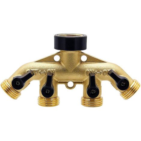 Distributeur de tuyau en laiton à 4 voies, connecteur adaptateur de tuyau d'arrosage de 3/4 pouce, adaptateur de robinet de tuyau avec 4 vannes