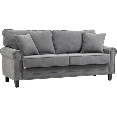 HOMCOM sofá de 3 plazas sofá de salón moderno tapizado en poliéster con 2 cojines ribete de cabeza de clavo y patas de madera de caucho 196x80,5x89 cm (1/5)