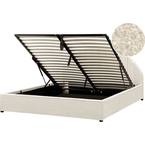 Lit Double Minimaliste Moderne en Bouclé 160 x 200 cm avec Rangement Blanc Cassé Chadenet