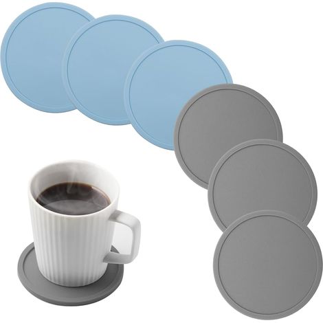 Lot de 6 sous-verres ronds, simples et isolés en silicone, adaptés aux chopes à café, à bière et aux verres à vin (gris et bleu). (1/5)
