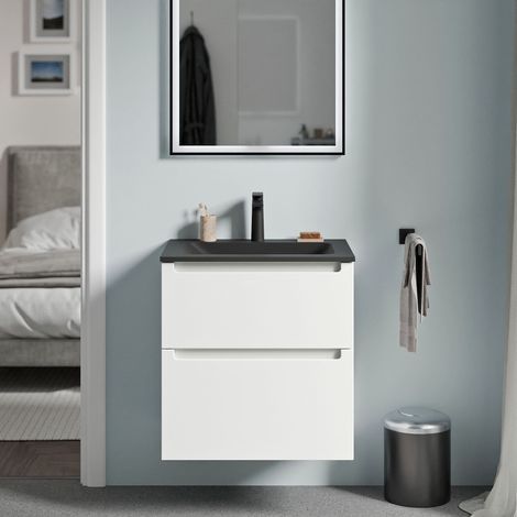 BERNSTEIN - Mueble lavabo suspendido MDF blanco mate, lavabo fundición negro mate + orificio grifería, cajone giratorio 60x46x62cm VIREO blanco mate, Negro mate con orificio para grifo.
