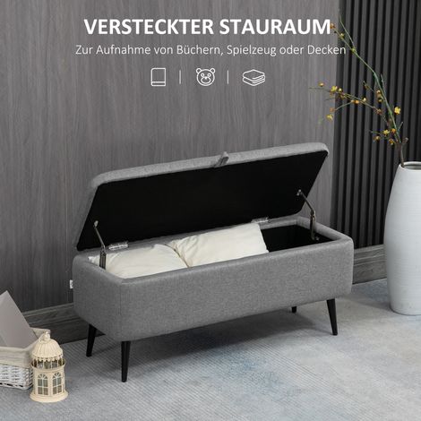 Coffre banquette de rangement capitonnée imitation lin, banc avec coffre intégré sur pieds métal, 102x40x44 cm, gris
