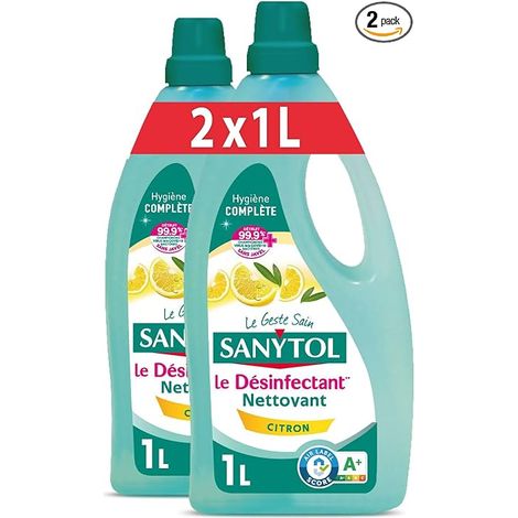 Multi-Purpose Floor and Surface Cleaner Disinfectant - Lemon Fragrance - 1 L - Pack of 2 - Bactericide, Virucide, Fungicide - Bleach Free (1/5)