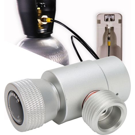 Adaptador de recarga de CO2 de aluminio plateado CGA320/TR21-4 para botellas de refresco con válvula de seguridad integrada. (1/5)
