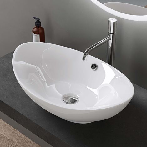 doporro Waschbecken Oval Aufsatzwaschbecken Bad 59x38x19cm Brüssel 818 Lotuseffekt durch Nanoversiegelung Aufsatzwaschbecken aus Keramik in Weiß