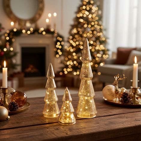 Alberelli luminosi in vetro con luci LED, decorazione natalizia in set da 3 pezzi (1/4)