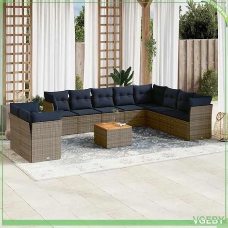 Salon de jardin - 3256054 - 11 pcs - Résine tressée gris - Coussins bleu marine déhoussables - Rangement sous assise (1/5)
