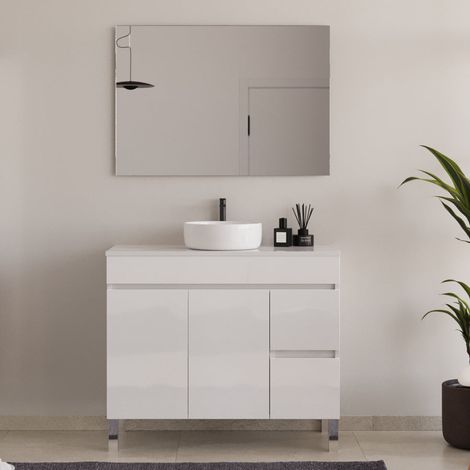 Meuble de salle de bain 90cm sur pieds avec plateau et une cuve à poser ronde - portes et tiroirs - blanc brillant - HARO