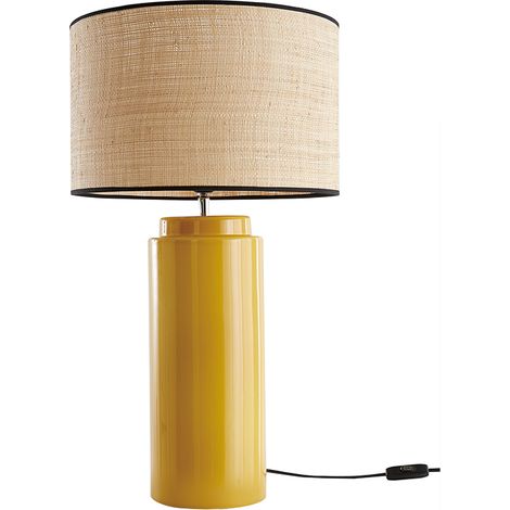 Lampada da tavolo in ceramica smaltata giallo e paralume in rafia MAJES (1/3)