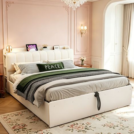 Letto matrimoniale 180x200 cm con contenitore idraulico bianco, senza materasso - FLORAGRACE (1/5)