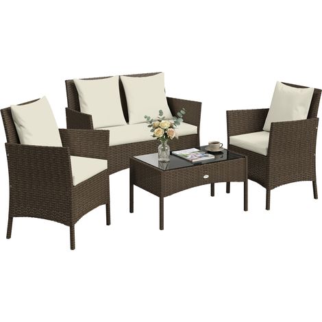 Outsunny conjunto de jardín exterior de ratán con cojines lavables, muebles jardín exterior incluye sofá de 2 plazas, 2 sillas, mesa de vidrio, marrón