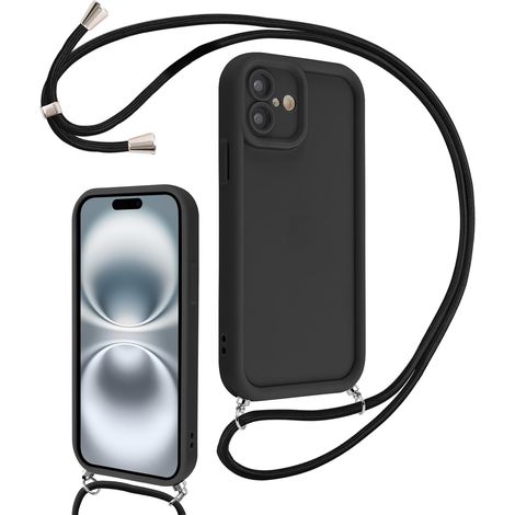 Coque pour iPhone 16 6,1" avec Cordon de Collier Réglable, Etui Protection de la Caméra Silicone Souple TPU Antichoc Housse avec Corde Lanyard Cover pour Femmes Filles, Noir (1/5)