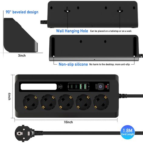 Multiprise d'angle : 5 prises avec 2 ports USB-A et 2 ports USB-C, interrupteur, rallonge de 2 mètres, idéale pour les bureaux et les angles – Noir (1/4)