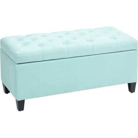 Banc capitonné avec rangement, revêtement en polyester effet lin, structure en hévéa, 100 x 40 x 44 cm, vert (1/5)