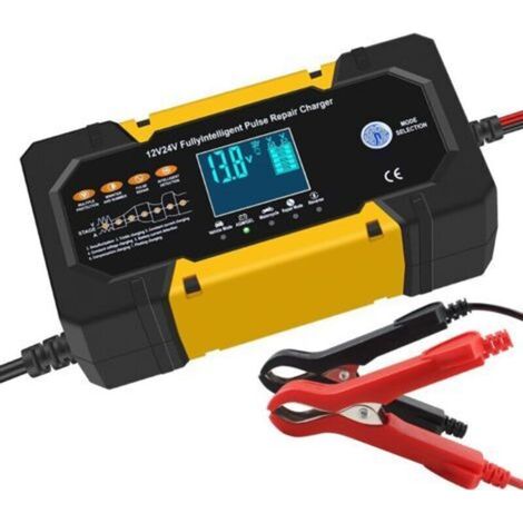 Caricabatterie per auto giallo 12V 10A 24V 5A, caricabatterie di riparazione a impulsi intelligente 12V 10A 24V 5A, caricabatterie per moto compatibile con batterie al piombo-acido. -Crezuo