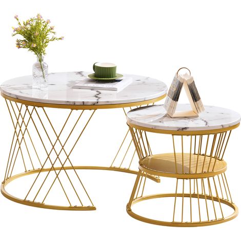 Tables basses gigognes modernes, set de tables basses laquées brillantes, placage marbre, tables d’appoint rondes pour canapé, lot de 2, structure dorée,blanc