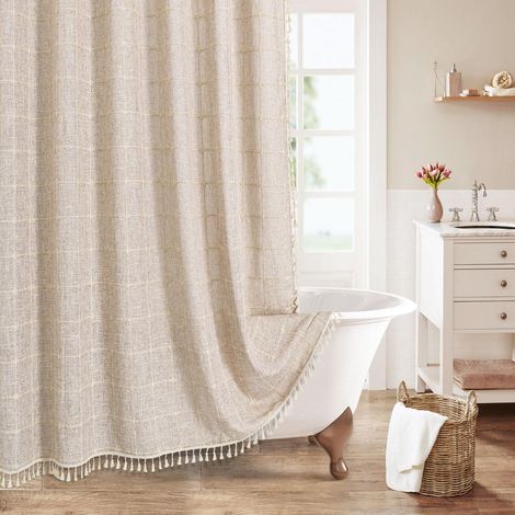Ensemble de Rideaux de Douche de Style Rustique bohème en Coton et Lin pour décoration de Salle de Bain Neutre, Marron Clair, Rustique bohème, Taupe, 183 x 183 cm (1/5)