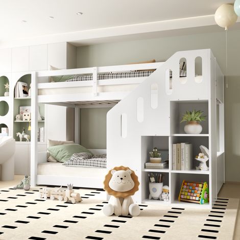 Lit superposé pour enfant - 2x90x200 cm - avec casier d'escalier et garde-corps - Blanc (sans matelas) (1/5)