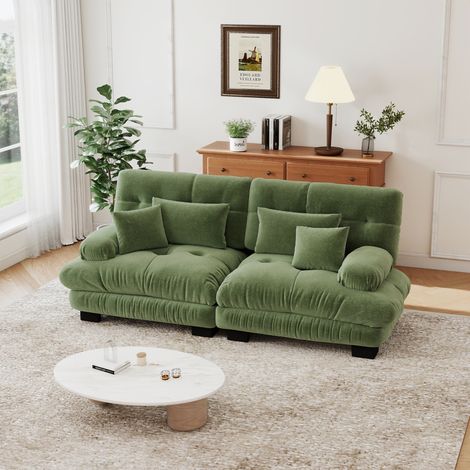 Canapé 2 Places Nuage 220x77x81 cm en Tissu Chenille Clair – Sofa Double pour Salon, avec Structure en Bois Massif, 2 Coussins Lombaires et 2 Coussins Décoratifs, Vert (1/5)