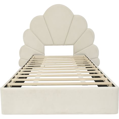 Letto singolo imbottito 90 x 200 cm in velluto beige con testiera a petali - HOMVRA (1/5)