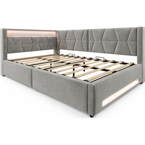 Polsterbett 140x200 cm Grau Samt mit Stauraum, LED, USB und Type-C, Lattenrost (1/5)
