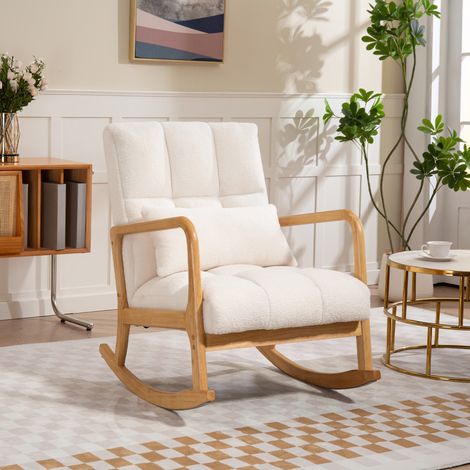Mecedora de 90° a 130° con cojín lumbar, funda de tela Sherpa, 64,5 x 82 x 89 cm, color blanco y madera. (1/5)