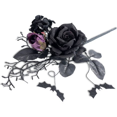 Branches de roses noires et violettes d'Halloween avec chauves-souris, lot de 6, H. 27 cm (avec tige 42)