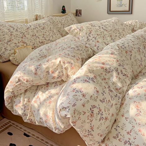 Housse de Couette 220x240 Fleur Beige Marron Motif Fleurie Floral (1/5)