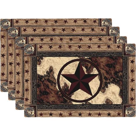 Mantel individual "Texas Star" de estilo rústico vintage, con aspecto de madera marrón, ignífugo, lavable, 30 x 45 cm (12 x 18 pulgadas), juego de 4 (1/5)