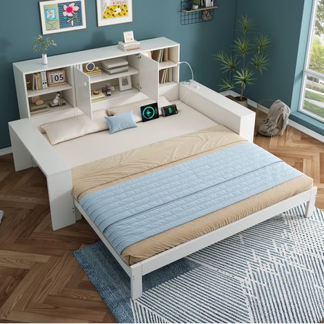 Bett mit Stauraum MDF/Sperrholz Weiß 90x200 cm, Tagesbett mit Ausziehbett, USB/USB-C, Lattenrost inklusive (1/5)