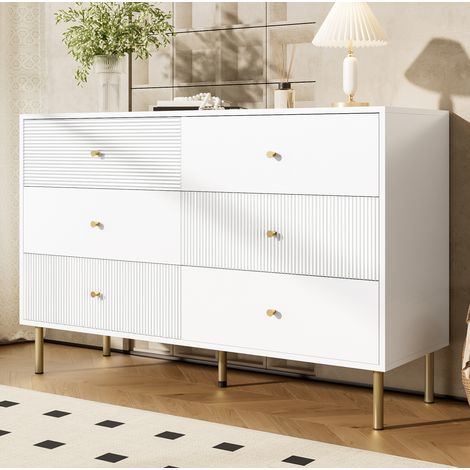 Comò in MDF bianco con 6 cassetti, maniglie in lega di zinco e gambe in acciaio, 120 x 40 x 78 cm (1/5)