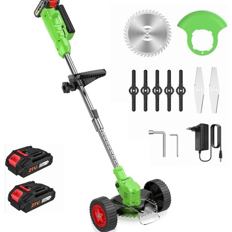 Coupe-bordure électrique sans fil 21V avec 2 batteries 2.0Ah – 3 types de lames – Moteur en cuivre pur – Tête réglable à 90°