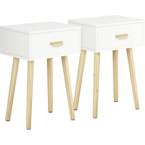 Set di 2 comodini, comodino moderno con cassetto e gambe in legno massello, 40,5 x 30,5 x 60 cm, bianco