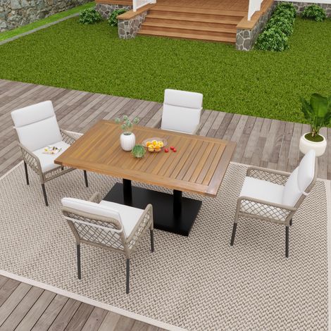 Salon de Jardin 4 Places, Ensemble Table et Chaises d’Extérieur 5 Pièces avec Plateau en Bois d’Acacia Massif, 4 Chaises en Rotin PE, pour Jardin et Terrasse, Beige (1/5)