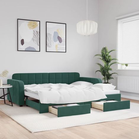 vidaXL Divano Letto Estraibile Cassetti Verde Scuro 90x200cm Velluto (1/5)