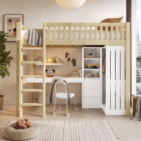Letto a soppalco 90x200 cm con scrivania, armadio, 3 cassetti, vano aperto, naturale (1/5)