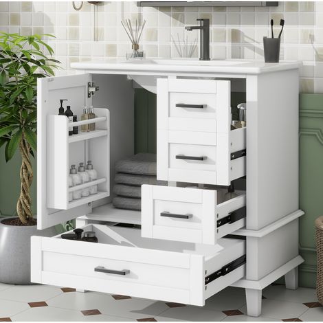 Meuble vasque de salle de bain 76x46x83,5 cm blanc avec lavabo céramique et 3 tiroirs (1/5)