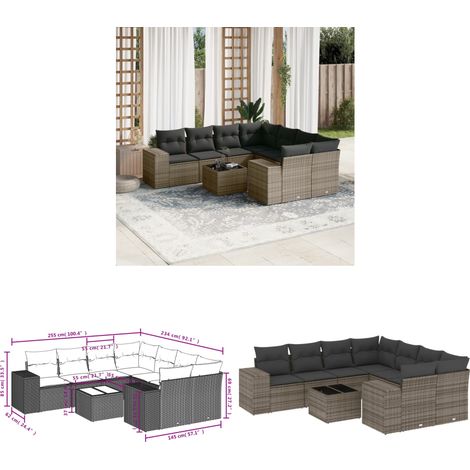 9-tlg. Garten-Sofagarnitur mit Kissen Grau Poly Rattan - Gartenmöbel Set - PE-Rattan Möbel - Outdoor Lounge - Esstisch - Sofasatz - Home & Living (1/3)