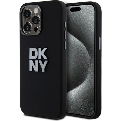Coque iPhone 15 Pro Max dkny en silicone liquide avec logo métallique noir (1/5)