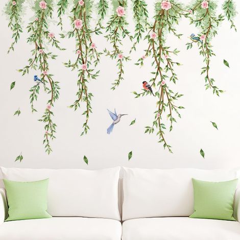 Stickers muraux suspendus en forme de vigne, plantes vertes suspendues, feuilles, oiseaux, motifs floraux, autocollants muraux repositionnables pour chambre à coucher (1/5)