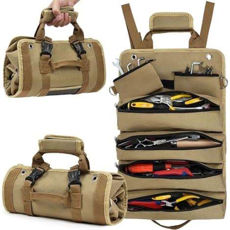 Sac à outils pliable, rouleau à outils robuste avec 2 pochettes amovibles, organisateur multifonction pour mécanicien, cadeau idéal pour papa, grand-père ou copain, kaki