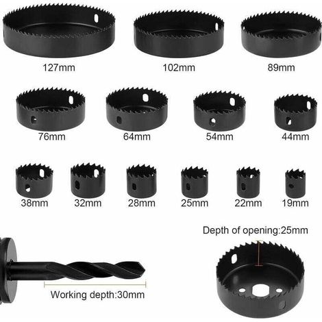 Lot 17 scies cloches 19-127mm - Acier carbone - Pour bois, placoplâtre, plastique - Noir - Idéal spots encastrables (1/3)