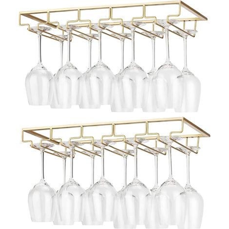 2 Pieces 5 Rows Hanging Stemware Holder Metal Wine Glass Rack Under Cabinet Installation, Gold