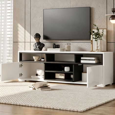 MEUBLIV TV-Lowboard 150 x 35 x 50 cm Weiß und Schwarz – LED, Stauraum, kleines Wohnzimmer (1/5)