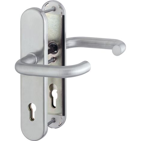 Porte d'entrée Poignée de porte Paris – Norme Distance 88 mm, acier inoxydable mat, plaque longue vérification Profil Protection pour épaisseur de porte 42–47 mm, sans Cylindre, RC2 après virole en 19
