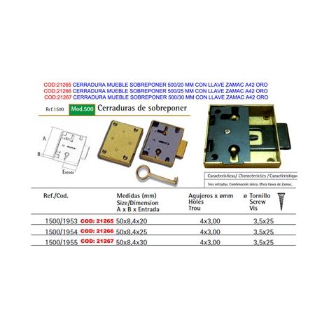 Cerradura de sobreponer para mueble 500/30 mm con llave zamac A42 oro (1/8)