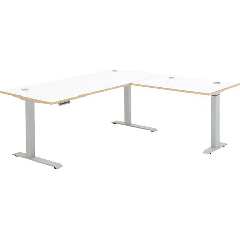 Winkelschreibtisch, höhenverstellbar 64-129cm, weiß mit Eiche, MANRESA-36 (1/5)