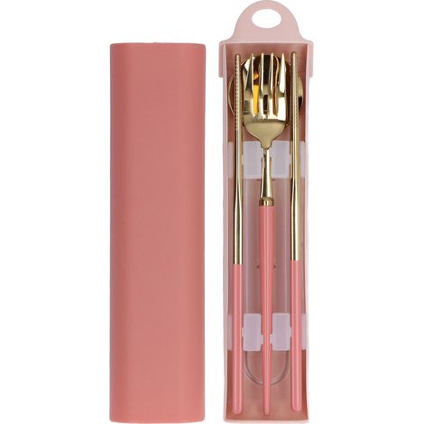 Ensemble de couverts en acier inoxydable portable pour voyages avec boîte de rangement - Ustensiles de cuisine pour étudiant, rose doré