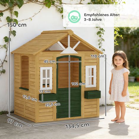 Kinderspielhaus Holz Spielhaus Outdoor mit Tür 3 Fenster 2 Blumenkästen für 3-8 Jahre Kinder 134,5 x 97 x 150 cm Braun (1/5)
